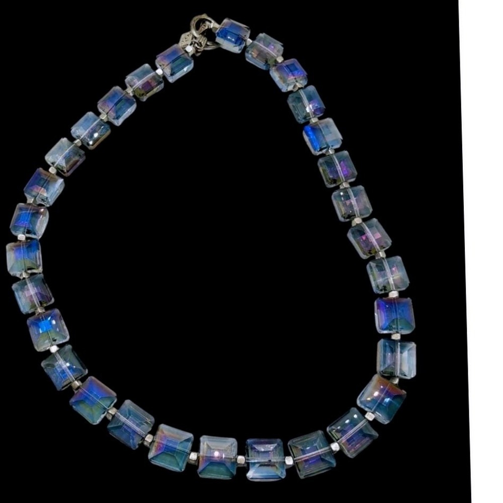 KJK Jewelry Vintage Aurora Borealis Crystal Cube Toggle Necklace NYC Art Glass